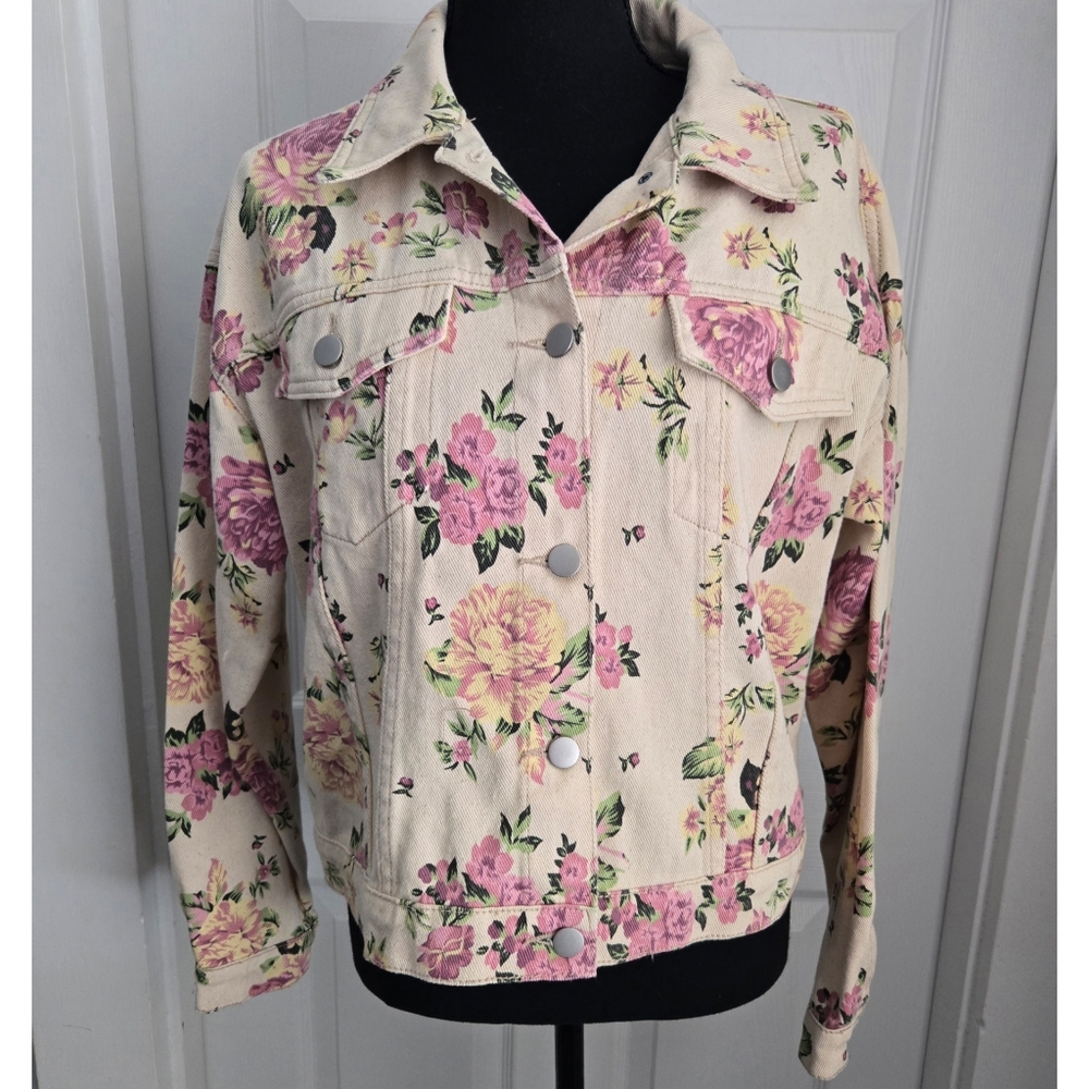 Floral Print Drop Shoulder Denim Jacket